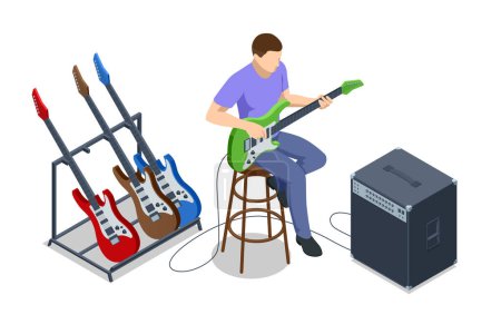 Ilustración de Guitarra eléctrica isométrica realista. Hombre tocando una guitarra eléctrica y amplificador combinado cerca aislado sobre fondo blanco. - Imagen libre de derechos