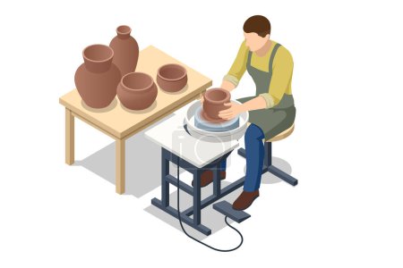 Illustration for Isometric Pottery workshop. Potters wheel. Pottery studio, pottery hobby. Handcrafted earthenware - Royalty Free Image