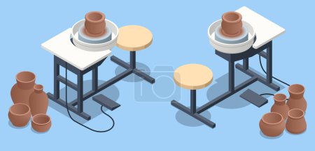 Illustration for Isometric Pottery workshop. Potters wheel. Pottery studio, pottery hobby. Handcrafted earthenware - Royalty Free Image
