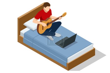 Illustration for Isometric Online studying. Man is watching video tutorial, video classes how to play guitar. Classical Acoustic Six-String Guitar. - Royalty Free Image