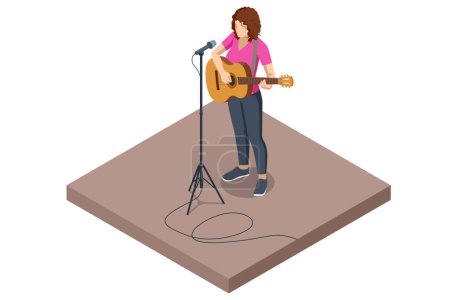 Illustration for Isometric Woman Stands in Front of a Microphone, Plays the Guitar and Sings a Song. Classical Acoustic Six-String Guitar - Royalty Free Image