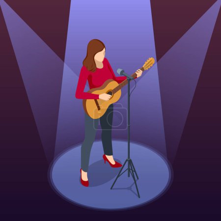 Illustration for Isometric Woman Stands in Front of a Microphone, Plays the Guitar and Sings a Song. Classical Acoustic Six-String Guitar - Royalty Free Image