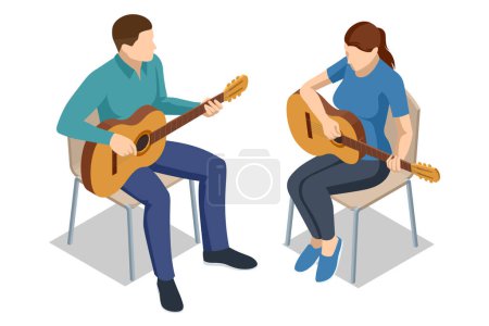 Illustration for Isometric Vocal artists. Couple playing an acoustic guitar together. Male teacher explains to female student the basics of playing guitar - Royalty Free Image