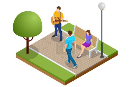 Illustration for Isometric man playing guitar on park. Male street musician. Music instrument. Solo guitarist. Male street musician - Royalty Free Image