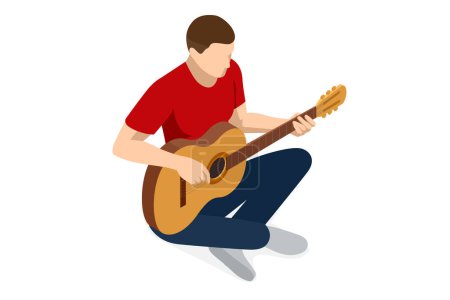 Illustration for Isometric Classical Acoustic Six-String Guitar. Man sitting on the floor and playing the guitar Isolated on White Background. - Royalty Free Image