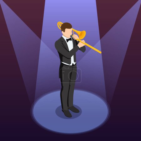 Téléchargez les illustrations : Instrument de cuivres pour orchestre trombone isométrique. Musicien masculin jouant un trombone. - en licence libre de droit