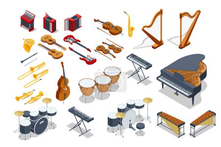 Illustration for Isometric set of music instrument Cello, Clarinet, trombone, piano, Xylophone. Musical instruments isolated under a white background - Royalty Free Image