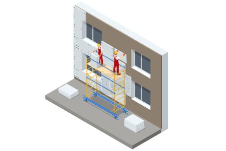 Isometrisches System zur Dämmung von Außenwänden, Arbeiten zur Fassadendämmung. Styropor-Fassadenschichten. Arbeiter in Hardhat Holding Outdoor Wandfliese
