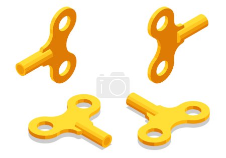 Illustration for Isometric Gold Metal Windup Key for Clock and Toys on a white background. - Royalty Free Image