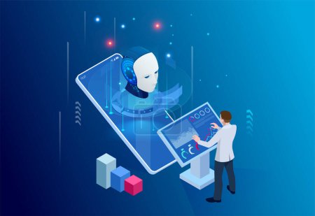 Illustration for Isometric Artificial Intelligence, Knowledge Expertise Intelligence Learn. Internet connect Chat, Chat with AI, Artificial Intelligence - Royalty Free Image