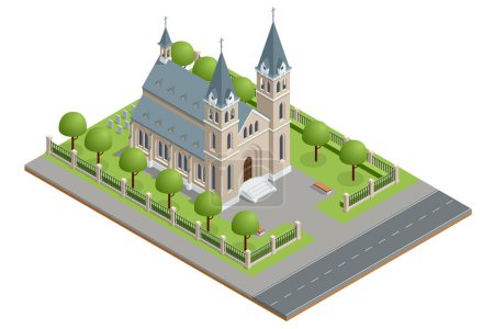 Ilustración de Isométrico edificio de la iglesia católica aislado sobre un fondo blanco - Imagen libre de derechos