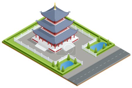Illustration for Isometric Buddhist temple or Buddhist monastery is the place of worship for Buddhists, the followers of Buddhism - Royalty Free Image