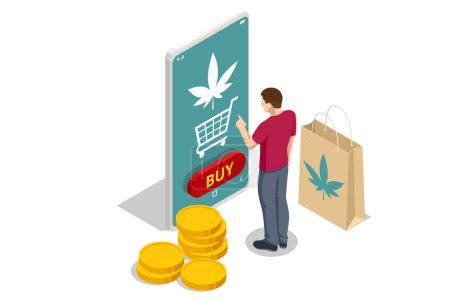 Isometric Legalized marijuana. Order cannabis or cbd product online via mobile application. Cannabis online store with Cannabis products. Herbal alternative medicine, cbd oil, pharmaceptical industry.