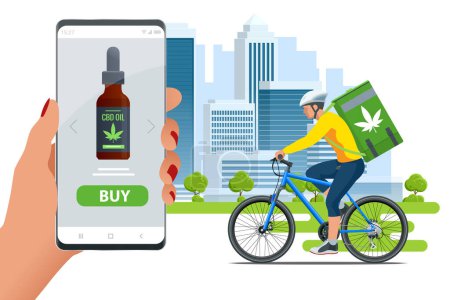 Isometric Legalized marijuana. Order cannabis or cbd product online via mobile application. Cannabis online store with Cannabis products. Herbal alternative medicine, cbd oil, pharmaceptical industry.