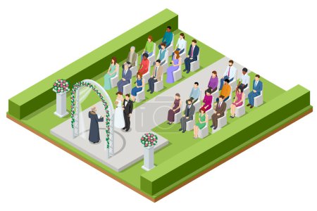Ilustración de Isométrico arco de boda decorado con flores se encuentra en la zona de lujo de la ceremonia de la boda hermosa novia y novio en la ceremonia de la boda. - Imagen libre de derechos