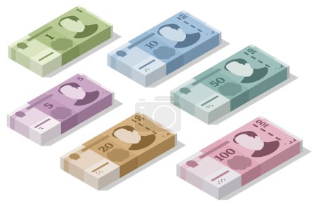 Ilustración de Billetes isométricos Yuan Renminbi aislado sobre un fondo blanco. Monedas chinas yuan set bundle banknotes paper money 100 CNY - Imagen libre de derechos
