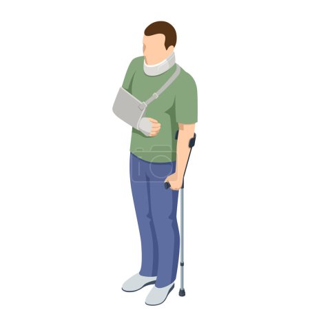 Illustration for Isometric man with rui injury in cast and neck injury Social security and health insurance concept. Person with a gypsum and a fixing collar. - Royalty Free Image