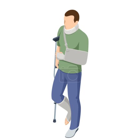 Illustration for Isometric man with a leg injury in a cast on crutches, an arm injury in a cast and a neck injury. Social security and health insurance concept. Person with a gypsum and a fixing collar. - Royalty Free Image