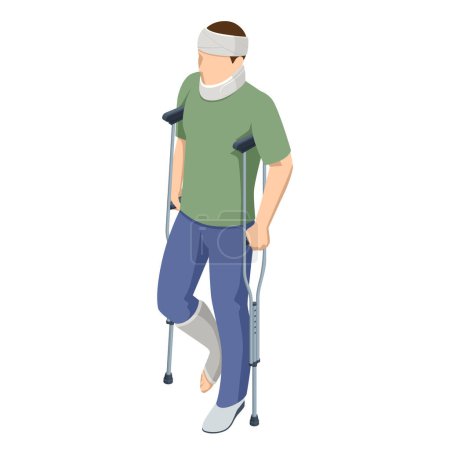 Illustration for Isometric man with a leg injury in a cast on crutches, with a head and neck injury. Social security and health insurance concept. Person with a gypsum and a fixing collar. - Royalty Free Image
