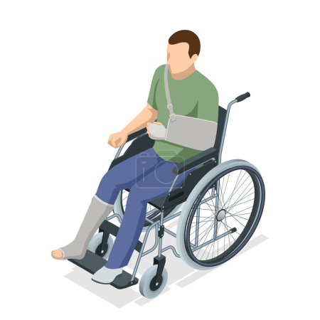 Illustration for Isometric man with an arm injury and a leg injury in a cast sits in a wheelchair. Social security and health insurance concept. - Royalty Free Image