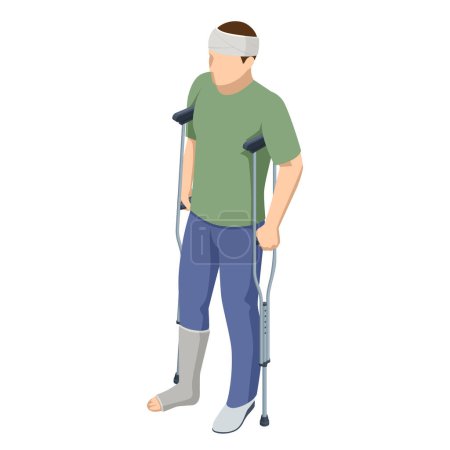 Illustration for Isometric man with a leg injury in a cast on crutches, with a head injury. Social security and health insurance concept. - Royalty Free Image