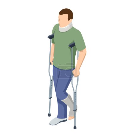 Illustration for Isometric man with a leg injury in a cast on crutches and a neck injury. Social security and health insurance concept. Person with a gypsum and a fixing collar. - Royalty Free Image