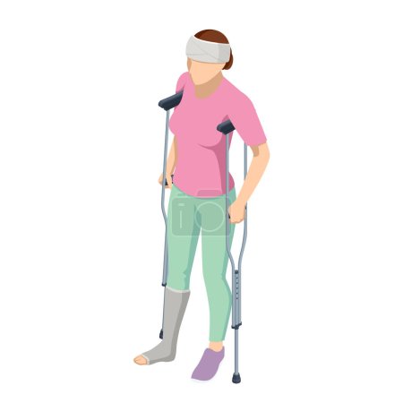Illustration for Isometric woman with a leg injury in a cast on crutches, with a head injury. Social security and health insurance concept. - Royalty Free Image