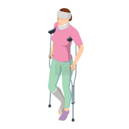 Illustration for Isometric woman with a leg injury in a cast on crutches, with a head and neck injury. Social security and health insurance concept. Person with a gypsum and a fixing collar. - Royalty Free Image
