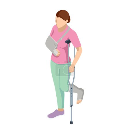 Illustration for Isometric A woman with a leg injury in a cast on crutches, with an arm injury in a cast. Social security and health insurance concept. - Royalty Free Image