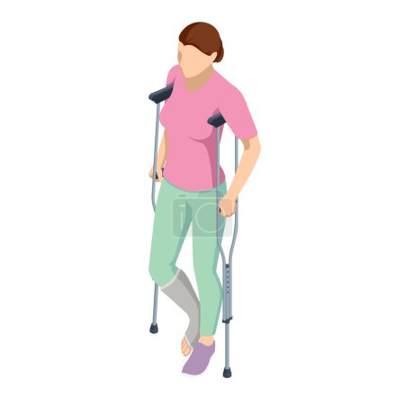 Illustration for Isometric woman with a leg injury in a cast on crutches. Social security and health insurance concept. - Royalty Free Image