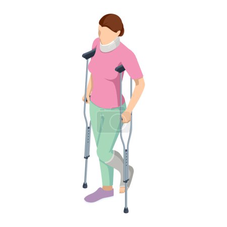 Illustration for Isometric Woman with a leg injury in a cast on crutches and a neck injury. Social security and health insurance concept. Person with a gypsum and a fixing collar. - Royalty Free Image