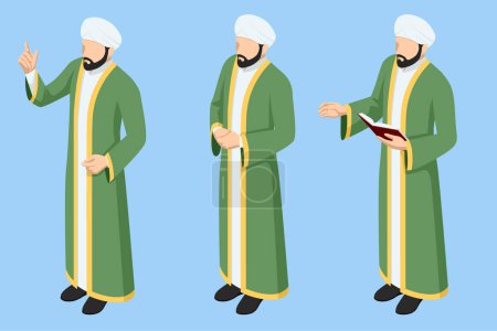 Téléchargez les illustrations : Imam isométrique isolé sur fond blanc. La religion et ses représentants. Kuran ou Coran, le livre sacré de tout culte musulman, faire la prière traditionnelle à Dieu - en licence libre de droit