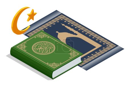 Ilustración de Isométrico Libro Islámico Corán creciente luna y estrella. Símbolo islámico. Los iconos islámicos se pueden utilizar para el mes de Ramadán, Eid y Eid Al-Adha. Kurán o Corán, haciendo oración tradicional a Dios - Imagen libre de derechos
