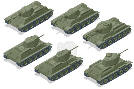 Illustration for Isometric Tank USSR, Medium Tank T-34 T-76. Armoured fighting vehicle designed for front-line combat, with heavy firepower - Royalty Free Image