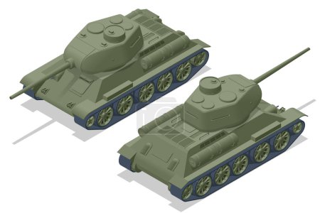 Illustration for Isometric Tank USSR, Medium Tank T-34, T-85. Armoured fighting vehicle designed for front-line combat, with heavy firepower. - Royalty Free Image