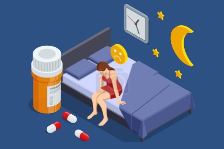 Illustration for Isometric sleepy exhausted woman lying in bed, can not sleep. Insomnia. Sleeping pills, alarm clock, pillow. Frustrated woman in bed suffering insomnia. - Royalty Free Image