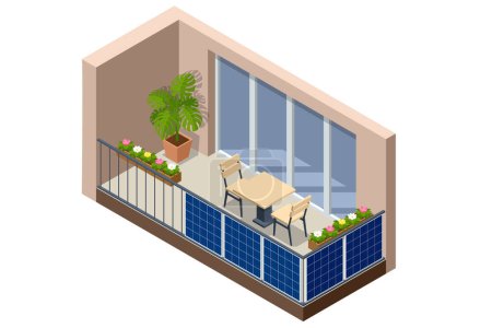 Ilustración de Paneles Solares Isométricos en Balcón de Apartamento. Sistema de energía de panel solar pequeño. Sistema de energía de panel solar local pequeño en balcón - Imagen libre de derechos
