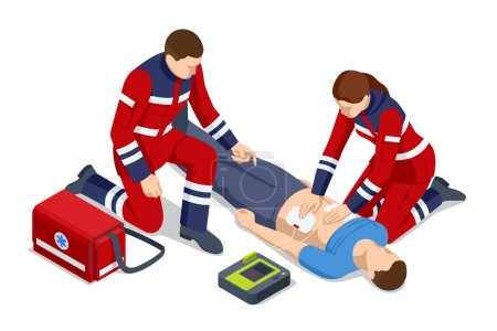 Téléchargez les illustrations : Isometric concept of Cardiac Massage CPR Emergency Aid. Caractère médical effectuant des compressions thoraciques et une ventilation artificielle. Intervenants ambulanciers et médecins s'occupant du patient - en licence libre de droit
