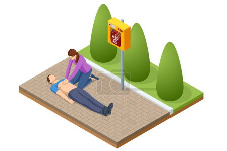 Illustration for Isometric concept of Cardiac Massage CPR Emergency Aid. Woman performing chest compressions and artificial ventilation - Royalty Free Image