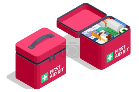 Illustration for Isometric open first aid kit box with medical equipment and medications for emergency. - Royalty Free Image