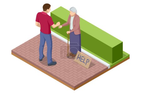 Ilustración de Isométrico Una anciana hambrienta pide dinero para comer. Sin hogar necesitando ayuda, mendigando dinero mujeres, vagabundo - Imagen libre de derechos