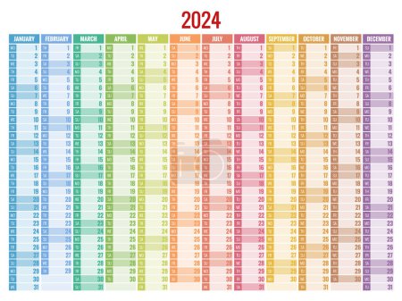 Téléchargez les illustrations : Vertical rainbow 2024 calendar vector, anglais. 2024 Calendrier des 12 mois. - en licence libre de droit