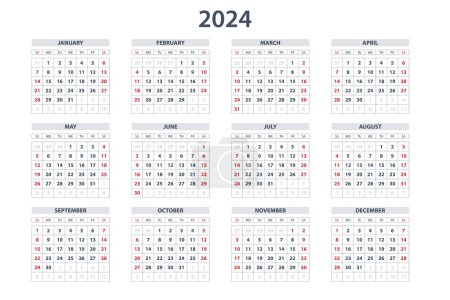 Téléchargez les illustrations : Agenda Planificateur pour 2024. Modèle de calendrier pour 2024. Calendrier des entreprises et des entreprises 24. La semaine commence le dimanche. - en licence libre de droit