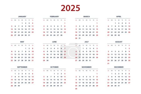 Téléchargez les illustrations : Agenda Planificateur pour 2025. Modèle de calendrier pour 2025. Calendrier des sociétés et des entreprises 25. Début de semaine Dimanche modèle de planificateur de conception d'entreprise - en licence libre de droit