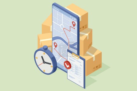 Illustration for Isometric Logistics and Delivery. Free, Express, Home or Fast delivery. Delivery company. Delivery home and office. City logistics - Royalty Free Image