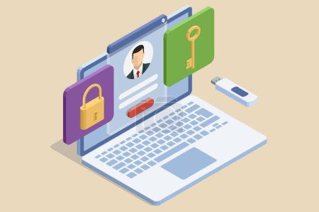 Illustration for Isometrics protect data and confidentiality. Safety and confidential data protection, concept with character saving code and check access. Cybersecurity concept, user privacy security and encryption - Royalty Free Image