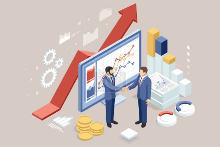 Illustration for Isometric Maximizing Business Potential Leveraging Venture Capital, Data Analysis, Business Statistics, Management, Consulting, and Marketing. - Royalty Free Image