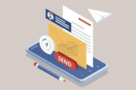 Ilustración de Isometric Email, Message and Communication. Mail Communication Connection. - Imagen libre de derechos