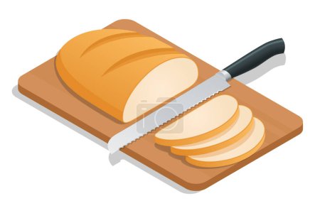 Illustration for Isometric Fresh bread on the kitchen table. Whole grain bread. Fresh crispy bread cut into pieces and a knife - Royalty Free Image