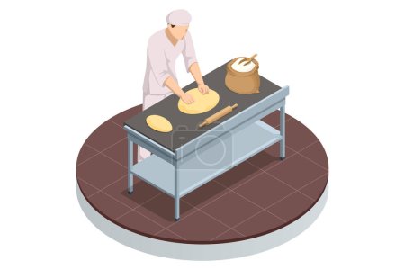 Illustration for Isometric concept of Industrial bread production. Automatic bakery production line. Fresh hot baked bread - Royalty Free Image